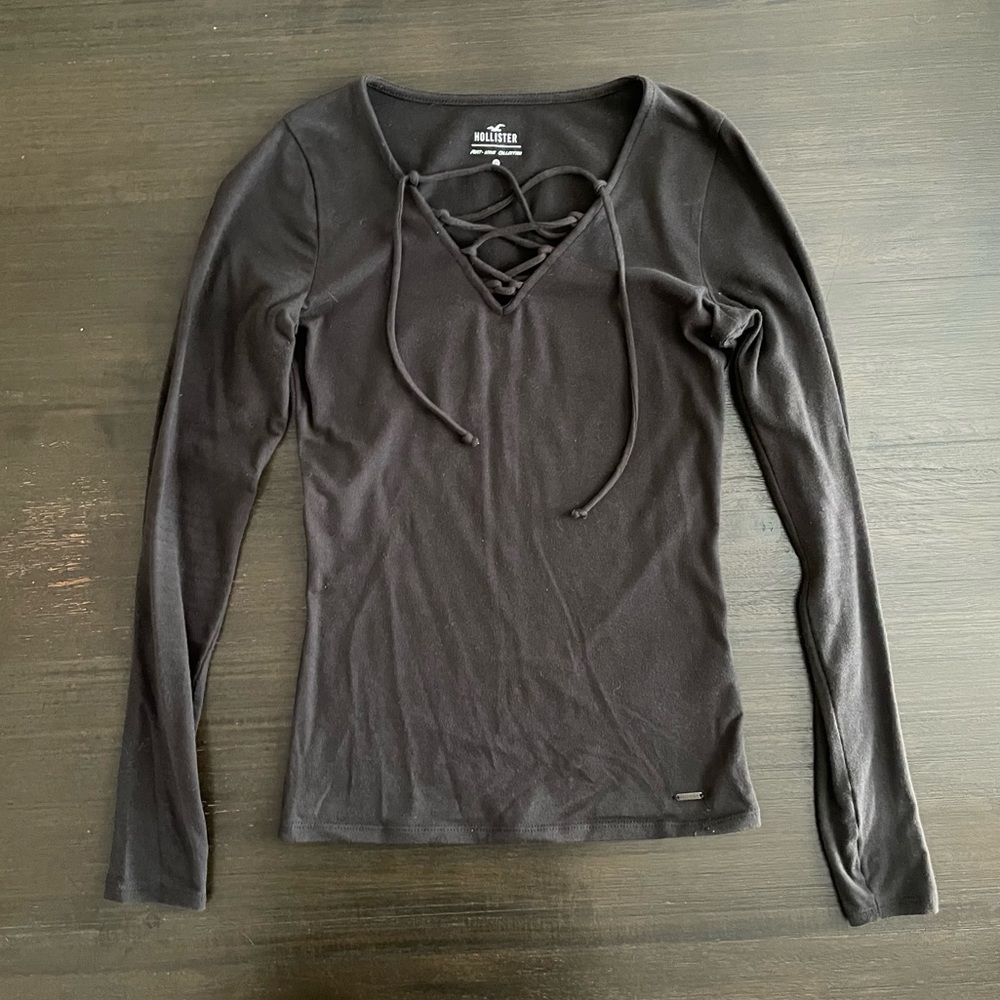 Hollister Black Lace Up Neck Long Sleeve Top